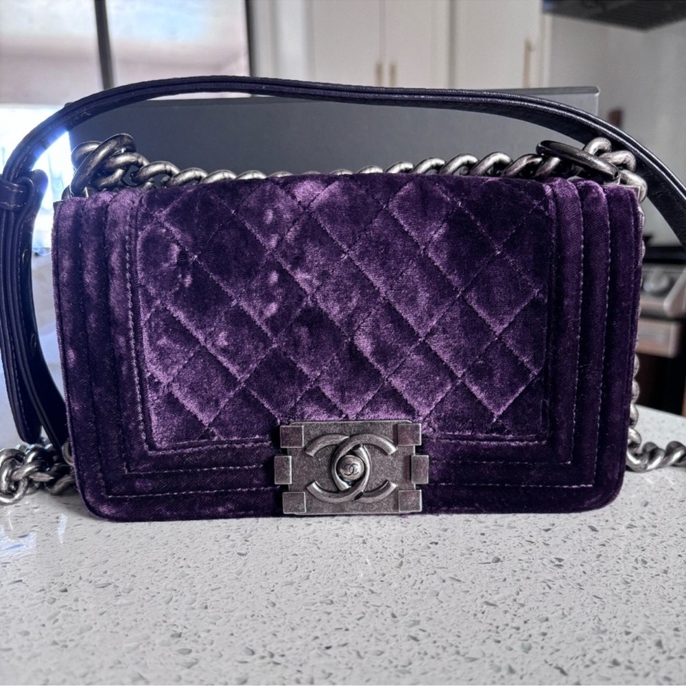 Chanel Boy Flap Bag Quilted Velvet Small Purple